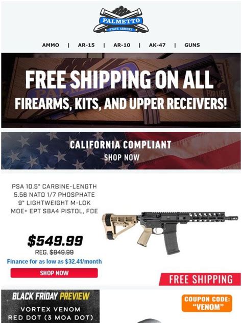 Black Friday Sales. Palmetto State Armory is the place to find the best gun deals during Black Friday. Shop online from the comfort of your own home for some of our best sellers such as AR uppers, AR lower recievers, magazines, handguns, rifles and more. Shop with us and save this holiday season.. 