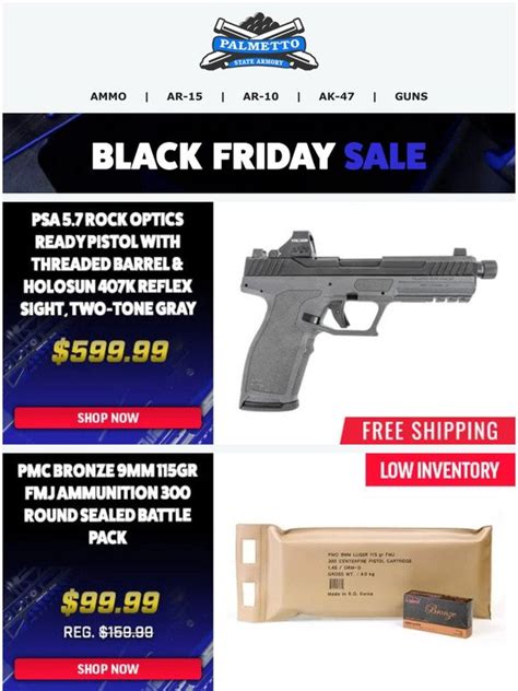 Palmetto state armory black friday 2022. Features. Barrel: Chrome-moly vanadium steel barrel chambered in 5.56 NATO, with a 1:7 twist rate, M4 barrel extension, and a carbine-length gas system. M4 profile barrel is finished off with a 13.5" PSA M-Lok free-float handguard, low-profile gas block, and A2 flash hider. Upper: Forged 7075-T6 A3 AR upper is machined to MIL-SPECS and hard ... 