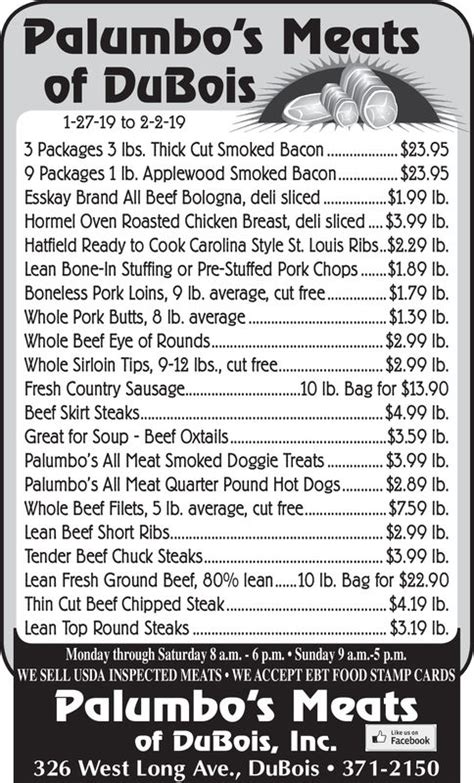 Palumbo's dubois. The actual menu of the Palumbo Meat Market. Prices and visitors' opinions on dishes. ... #139 of 168 places to eat in DuBois. View menus for DuBois restaurants. Delis. 