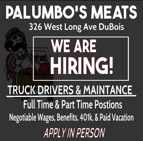 Palumbo's meats dubois. Description. The winner of this raffle receives a $300 gift card to Palumbo’s Meat Market in DuBois, PA. You must be 21 years old to play. Brady Township Fire, Rescue, and Ambulance Inc. assumes no responsibility for actions taken by the winner of each raffle. Unclaimed prizes are forfeited if not claimed within 30 days of raffle drawing. 