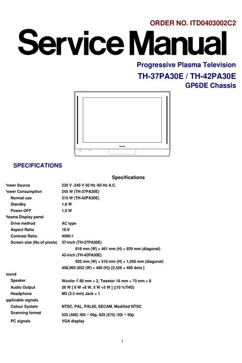 Panasonic th 37pa30e th 42pa30e plasma tv service manual. - Solution manual of performance stability dynamics and control of airplanes.