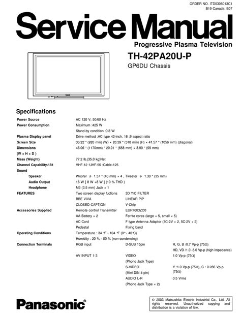 Panasonic th 42pa20u p plasma display service manual. - Revent oven model 724 parts manual.
