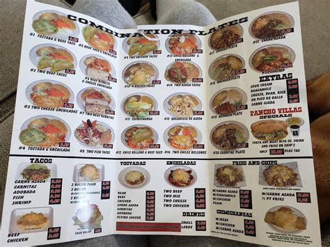 Pancho villa menu victorville. They don't bring glass of waters to the table only a bunch of ships. look out the menu doesn't have prices the food is not worth thier prices $72 for a 20 onces steak and 3 shrimp. Look out the Menu doesn't have any prices food not ao good overpriced 