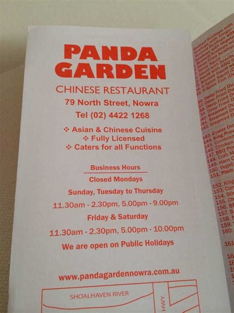 View the online menu of Panda Garden Chinese Restaurant and other restaurants in Spartanburg, South Carolina. Panda Garden Chinese Restaurant « Back To Spartanburg, SC. 3.99 mi. Chinese $ 864-595-2988. 2420 Reidville Rd, Spartanburg, SC 29301. Hours. Mon. 11:00am-10:00pm. Tue. 11:00am-10:00pm. Wed.. 