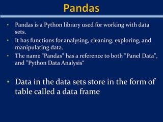Pandas what is it.  The name "Pandas" has a reference to both Pandas is an op...