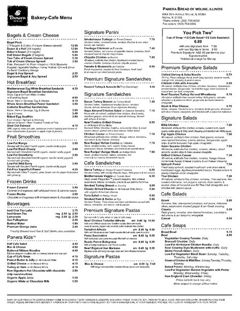 Panera Menu Printable