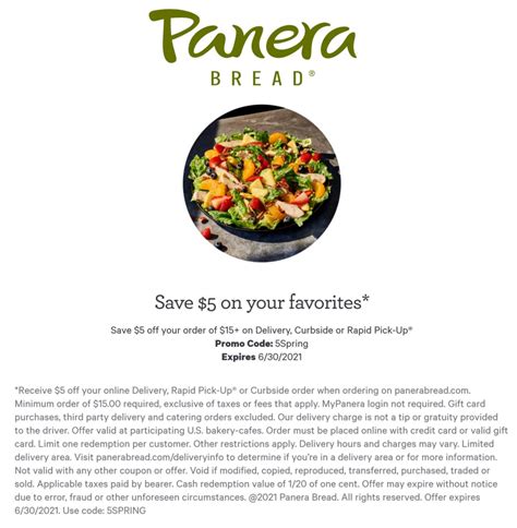 Free $20 In Bonus Cards For Every $100 In Panera Bread Gift Cards Purchase. Get a Free $20 in Bonus Cards For every $100 in Panera Bread Gift Cards purchase. Get Deal. $1 Off One 12 Oz. Bag Or 12 Count Single Serve Panera Coffee. Get $1 off The Purchase of One (1) 12 oz. bag or 12 count single serve Panera Coffee. Limit One coupon per purchase.. 