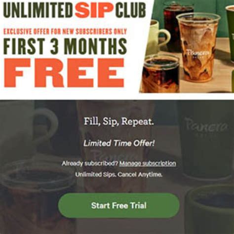 May 27, 2024 · Find the latest verified Panera Bread promo codes, coupons and discounts for June 2024. ... 2 Months Free Sips With Unlimited Sip Club. 20% Off All Gift Cards. Free 3 ...