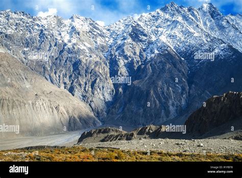 Panoramic view of snow capped mountains in Karakoram range.