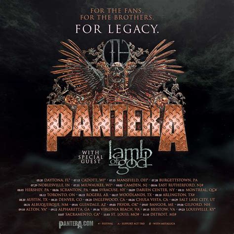 Pantera > Tour Statistics. Song Statistics Stats; Tour Statistics Stats; Other Statistics; ... European Tour 2023 (20) Extreme Steel (30) Far Beyond Touring The World (138) I Am the Night (161) ... Average setlist for tour: Far Beyond Touring The World. Note: only considered 74 of 138 setlists (ignored empty and strikingly short setlists) ...