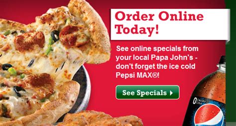 Papa john%27s online specials. Then, pay online. You receive one point for every dollar spent. The prize is $10 for every 75 points earned. This free money may be applied to any future order and any item, from wings to cheese sticks. Discounts on Lunch Delivery. Don't spend a fortune getting dishes brought to your door. With reasonable prices, Papa John's can bring you what ... 