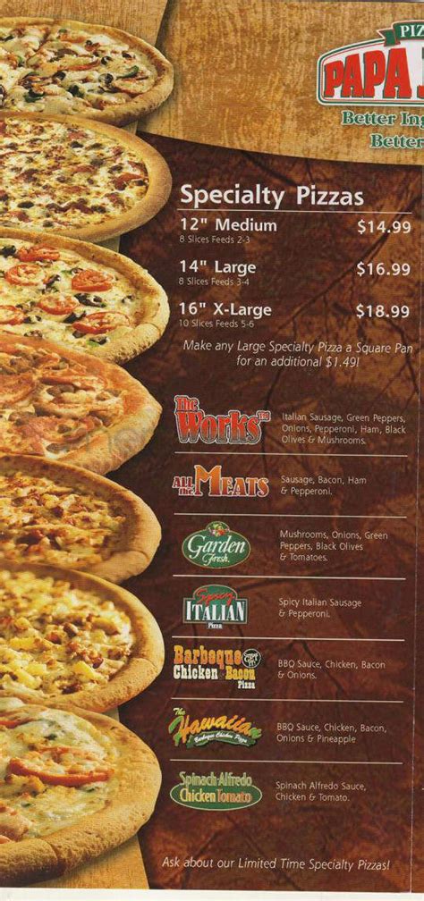 Papa johns pizza troy menu. Canada: Adults and youth (ages 13 and older) need an average of 2,000 calories a day, and children (ages 4 to 12) need an average of 1,500 calories a day. However, individual needs vary. e-webnc-p04-24.1.0-rc.4 24.1.0-rc.1. Build your own custom pizza and we'll handcraft it for you. With so many delicious options to choose … 