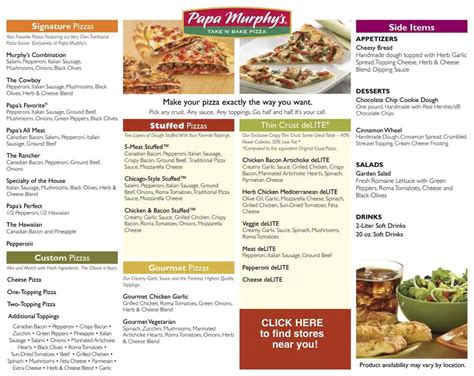 Menu Papa Murphy's 3833 Pacific. Home; Menu; Create Your Own. Specials & New Flavors. NEW! Calzones. Specialty Pizzas. Dairy-Free Cheese. Stuffed Pizzas. Family Friendly.. 