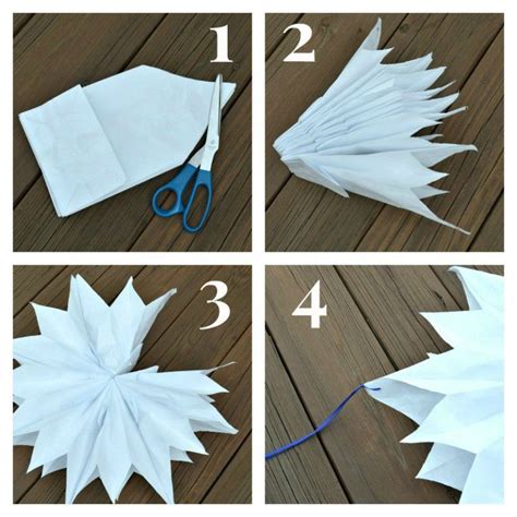 Paper bag snowflakes. Paper lunch bags – you will use 9 per snowflake; Hot glue – don’t even try to use liquid glue or glue sticks! Sharp scissors; Hole punch; Twine or ribbon for hanging; Count out 9 paper bags and one at a time, make a “T” with the hot glue and stack the bags to each other. The bag flap should be facing towards you at the top with the ... 