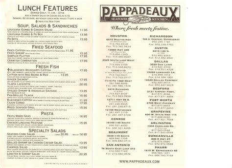 View Full Menu Additionally, you can view the full Pappadeaux's menu that applies to most of the Pappadeaux's locations nationwide. We will add specific information for Seabrook branch when needed. ... Pappadeaux Nutrition Facts. Item Calories Protein Fat; Keep It 100. 195. 0.6g. 0.2g. Lobster Bisque. 254. 6.9g. 21g. Pan-Grilled Soft Shell Crab ....