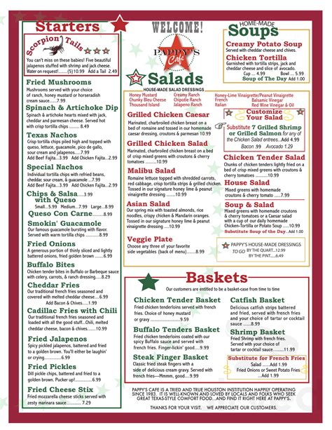 Pappy's cafe menu. Business info. Diners · American (Traditional) Customer pickup. Accepts Cash · Visa · American Express · Mastercard · Discover · Credit Cards. View the Menu of Pappys Cafe in 12313 Katy Fwy, Houston, TX. Share it with friends or find your next meal. It's All About Classic Texas Comfort Food! 