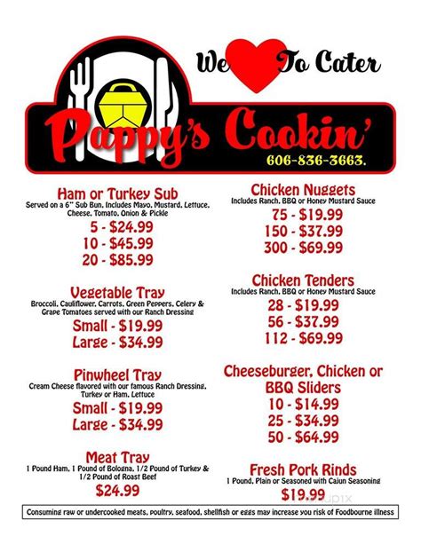 Order delivery or pickup from Pappy's Cookin in Flatwoods! View Pappy's Cookin's April 2024 deals and menus. Support your local restaurants with Grubhub!. 