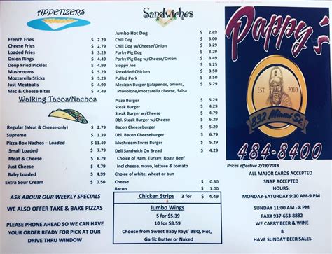 Pappys urbana menu. See what others have to say about Pappys Bar & Grille Front Room LLC. Make sure to visit Pappys Bar & Grille Front Room LLC, where they will be open from 2:00 PM to 10:00 PM. Whether you’re a small party of two or celebrating with a group, call ahead and reserve your table at (304) 688-9972. Other attributes on top of the menu include: happy ... 