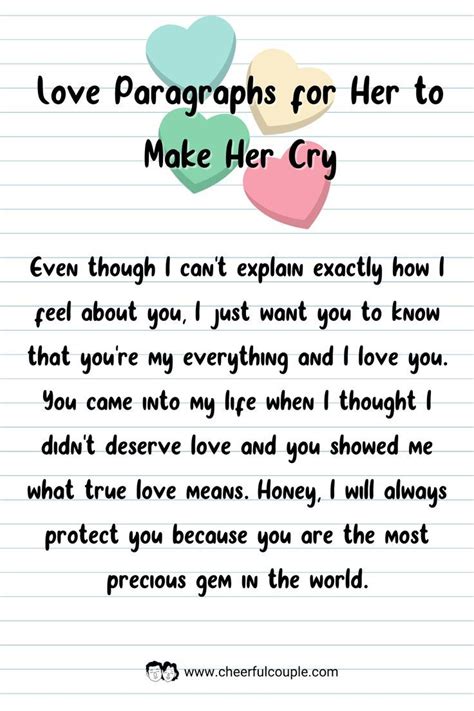 Paragraphs for her to make her cry. Here are some romantic good night paragraphs for her to make her feel special. ... Touching goodnight paragraphs to make her cry. Sweet good night paragraphs can be emotional, making her shed tears of joy. Before she sleeps, pamper her with these good night paragraphs. Photo: pexels.com, @thilipenravekumar (modified by author) ... 