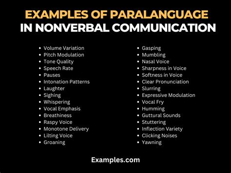 Paralanguage examples.  It&rsquo;s verbal cues that people in a conversation have tha...