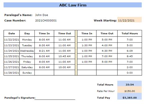 Paralegal Billable Hours Template