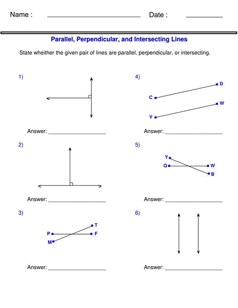 Parallel, Perpendicular And Intersecting Lines Worksheet With Answers