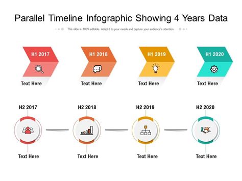 Parallel Timeline Infographic Showing 4 Years Data PowerPoint Slide