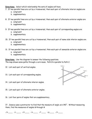 Parallel lines and transversals wkst PDF Worksheets Library