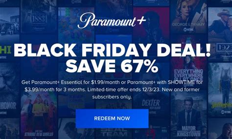 Paramount plus black friday deal. [Black Friday] [Paramount+] Premium Plan 50% off for 3 months! Deal Link: https://www.paramountplus.com/ca/; Price: 6.99; Savings: 50% off ... 
