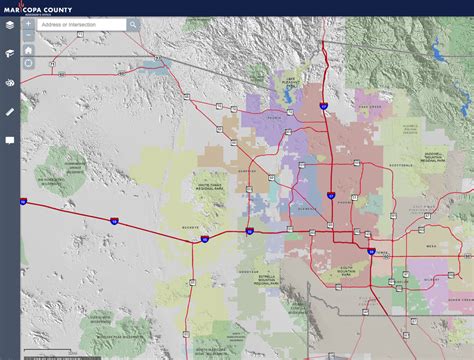 This map of Maricopa County, Arizona shows regional level information. Base map features include highways and major roads with labelling; high level land .... 