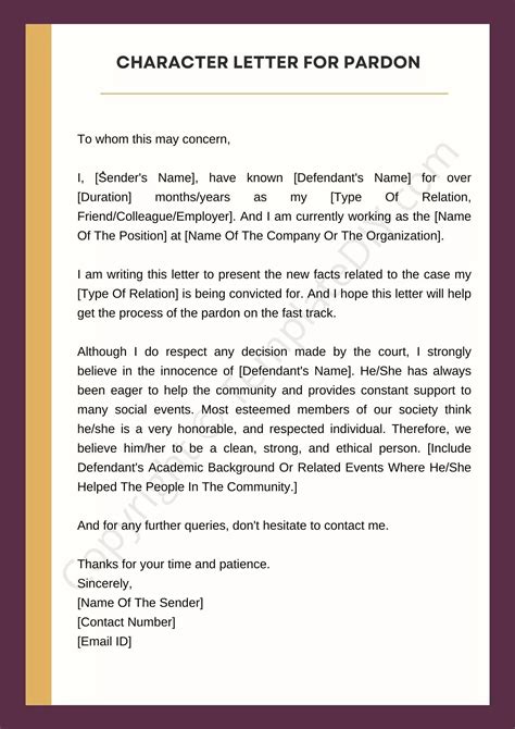 Pardon letter sample. Updated May 17, 2023. Or use ContractsCounsel to hire an attorney!. The character reference for court is to provide the Judge a family member, friend, or co-worker with a written statement on the Defendant’s moral or … 