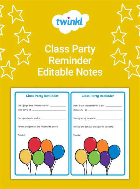 Parent Notes from Teacher Class Party Reminder Notes to parents