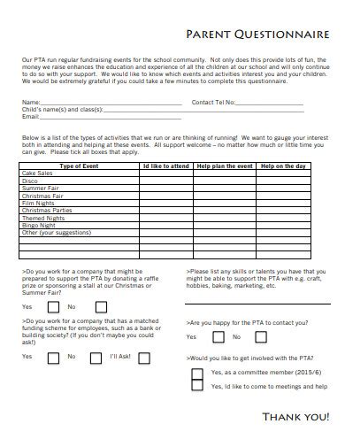 Parent Questionnaire in Word and Pdf formats