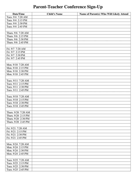 Parent Teacher Conference Sign Up Form Template in Word and Pdf formats