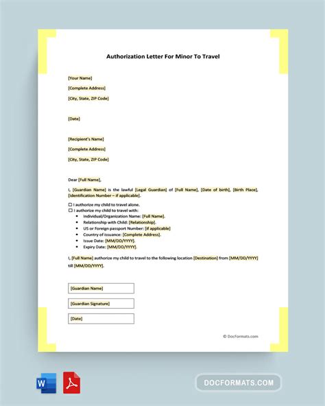 Parent authorization letter sample for minors in Word and Pdf formats