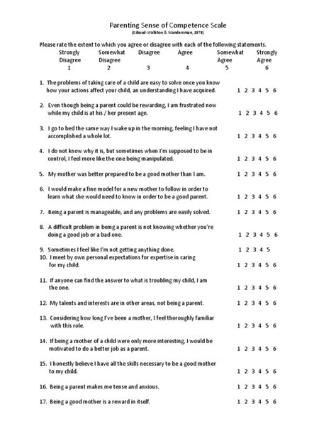 The Parenting Sense of Competence scale measures parental competence on two dimensions: Satisfaction and Efficacy. It is a 16 item Likert-scale questionnaire (on a 6 point scale ranging from strongly agree [1] to strongly disagree [6]), with nine questions under Satisfaction and seven under Efficacy. Satisfaction section examines the parents .... 