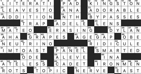 Parenting author eda nyt crossword. Parenting author Eda or meditation author Lawrence Crossword Clue; Parenting author Eda or meditation author Lawrence Crossword Clue; Time magazine once named him 'Actor of the Century' Crossword Clue; Exercise developed by bluesman Bo? Crossword Clue; Feature of 'Peter Pan' and 'Black Beauty' Crossword Clue; Change chemically Crossword Clue ... 