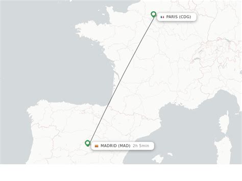 Paris to madrid flight. Iberia Flight IB3435 connects Paris, France to Madrid, Spain, taking off from Paris Orly Airport ORY and landing at Madrid Barajas Airport MAD. How long is the IB3435 flight from Paris to Madrid? The average flight time from Paris to Madrid is 1 hour and 35 minutes. The flight distance is 1028 km / 639 miles and the average flight speed is 653 ... 