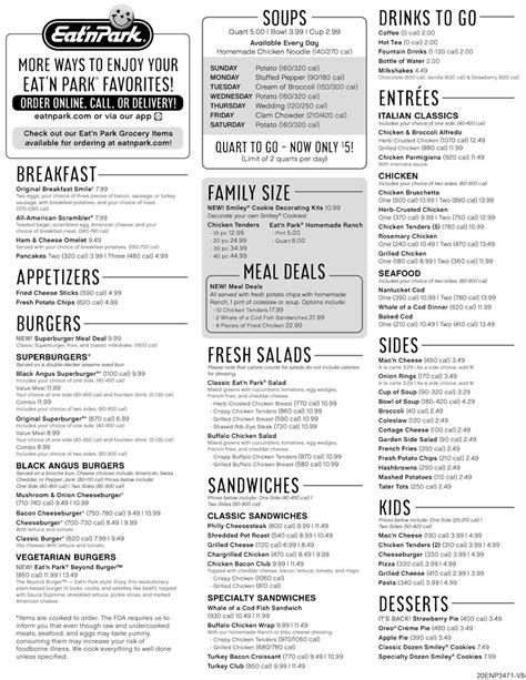 Park and eat menu. Eat’n Park Restaurant in Clarion is a go-to local spot for breakfast, lunch, and dinner favorites. Located at 35 Perkins Road, our team are experts at serving up smiles for our guests no matter the time of day! From classics like our Superburger to our rotating seasonal specials, we promise that you won’t leave your table hungry! 