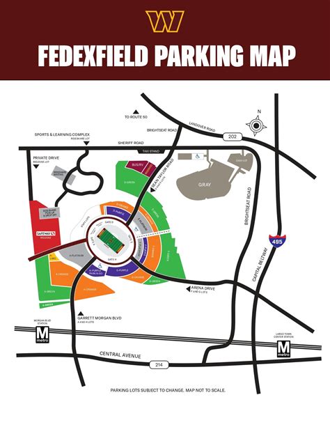 Parking fedex field. Upon exiting the station, take the sidewalk to Fedex Field. Turn left toward Garret A Morgan Blvd. Turn left to stay on Garret A Morgan Blvd. From Largo Town Center Station Approximately 1.1 miles, 23 min Head northwest towards the Shopping Center. At the traffic circle, take the 3rd exit onto Capital Centre Blvd. Turn left onto Arena Dr. 