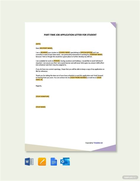 PartTime Job Application Letter for Student Template in Google Docs
