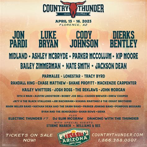 The Country Thunder Arizona lineup for 2023 featured 31 artists and bands, including Randall King, John Morgan, Jaty & The Black Stallions, Josh Ross, Parker Jenkins Band, Ashley Mcbryde, Jackson Dean, Dj Slim Mcgraw, Jon Pardi, and Ryan & The Renegades. . 