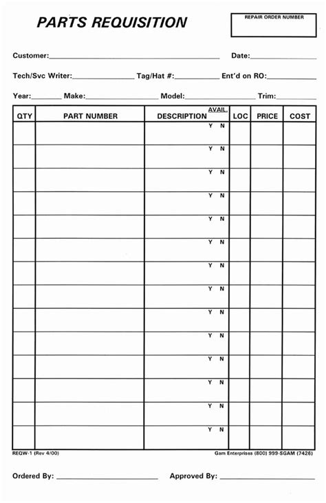 Parts Order Form Template