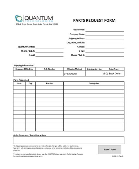 Parts Order Form Template SampleTemplatess SampleTemplatess
