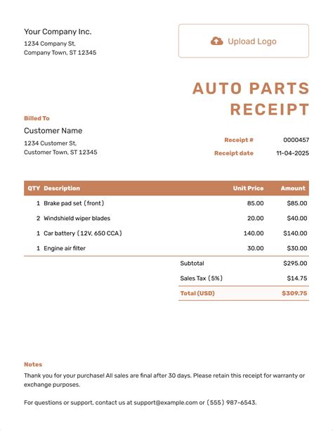 Parts Receipt Template