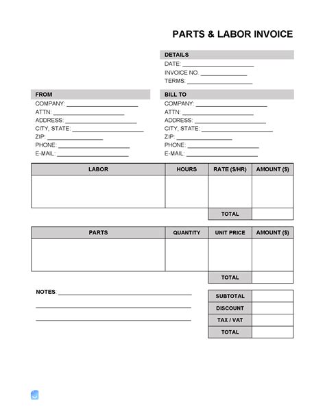 Parts and Labor Invoicing Format