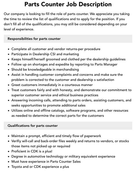 Parts counter jobs. We are hiring a Parts Counter Sales Representative to provide exemplary support to all Parts customers. Benefits: Great Work-Life Balance On-Premise Clinic Tuition Reimbursement Vast Growth Opportunities Job Stability Full-Time Benefits to include: Medical, Dental, Vision 401(k) Employer Matching Paid Vacation, Sick Time, Holidays 
