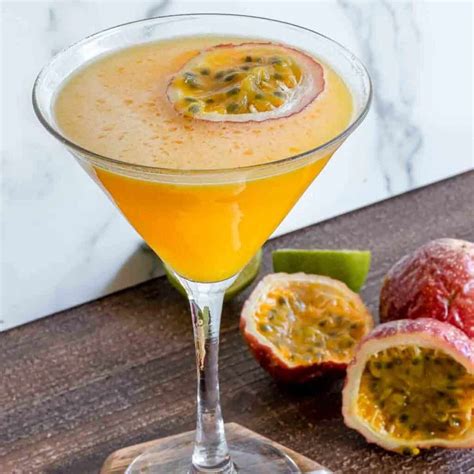 Passionfruit cocktail. Add fresh ice to a cocktail shaker along with all of the ingredients. Add the lid and shake for 10-12 seconds until nice and cold. Double-strain the cocktail into a martini glass. Garnish if desired and serve immediately. 
