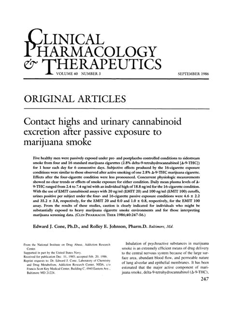 Passive inhalation of marijuana smoke and urinary excretion of cannabinoids
