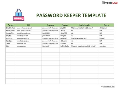 Password Keeper Excel Template